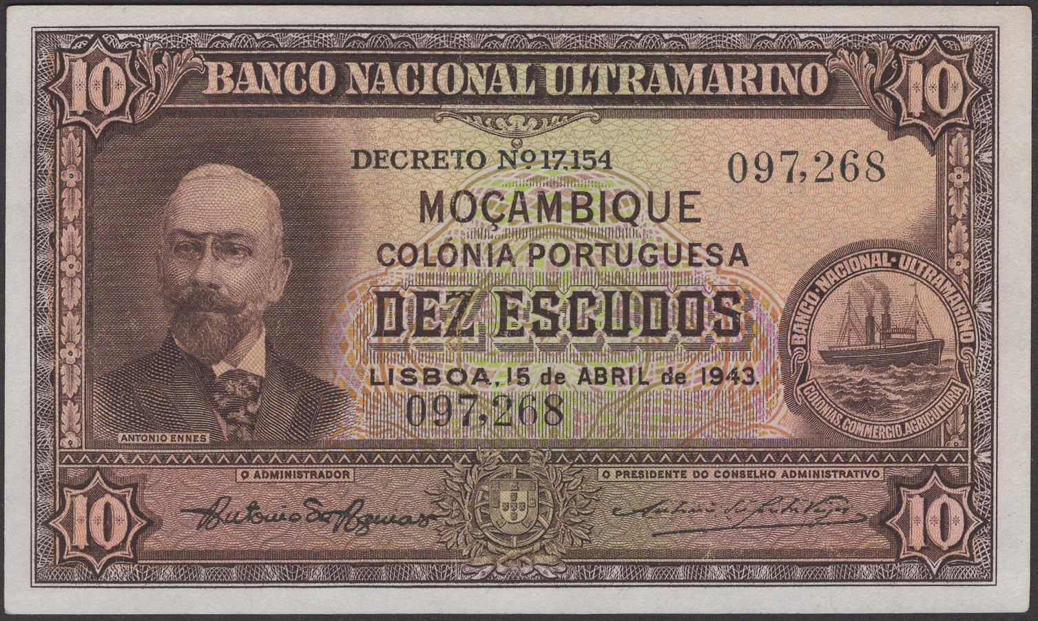 Banco Nacional Ultramarino, Mozambique, 10 Escudos, 15 April 1943, serial number 097268,...