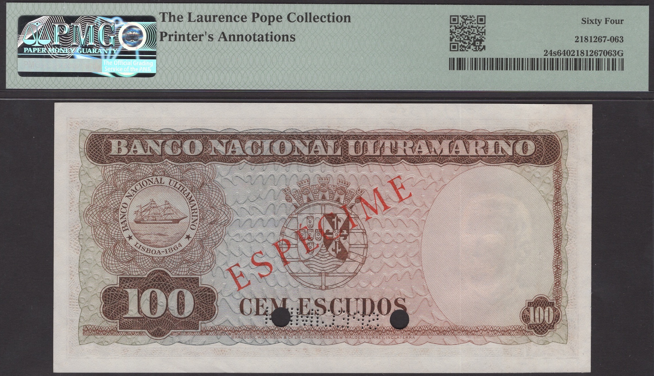 Banco Nacional Ultramarino, Timor, specimen 100 Escudos (3), 2 January 1959, all serial... - Bild 4 aus 4