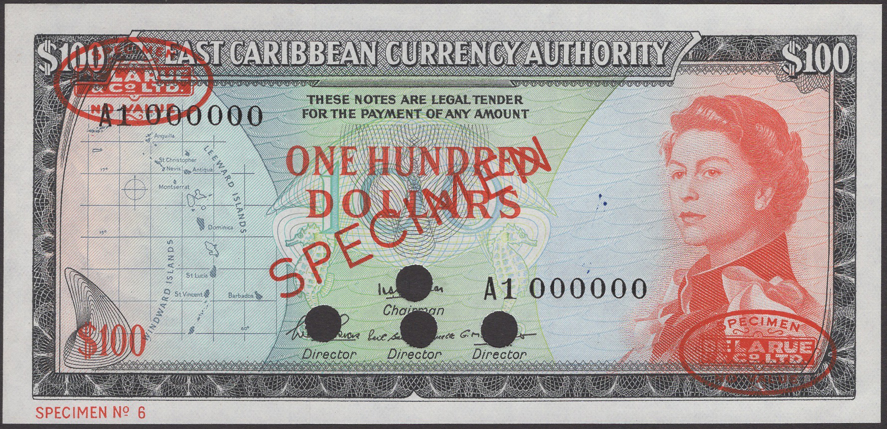 East Caribbean Currency Authority, specimen $100, ND (1983), serial number A1 000000,...