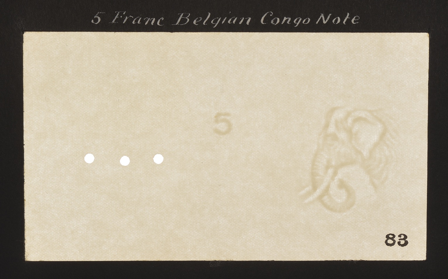 Banque du Congo Belge, watermarked paper (3) as used on the 5 Franc of 1924-30, glued into...
