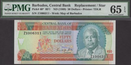 Central Bank of Barbados, replacement $50, ND (1989), serial number Z1006311, in PMG holder...