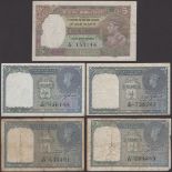 Government of India, 1 Rupee (4), 1940, prefixes T20, V38, E87 and Y21, 5 Rupees, 1938,...