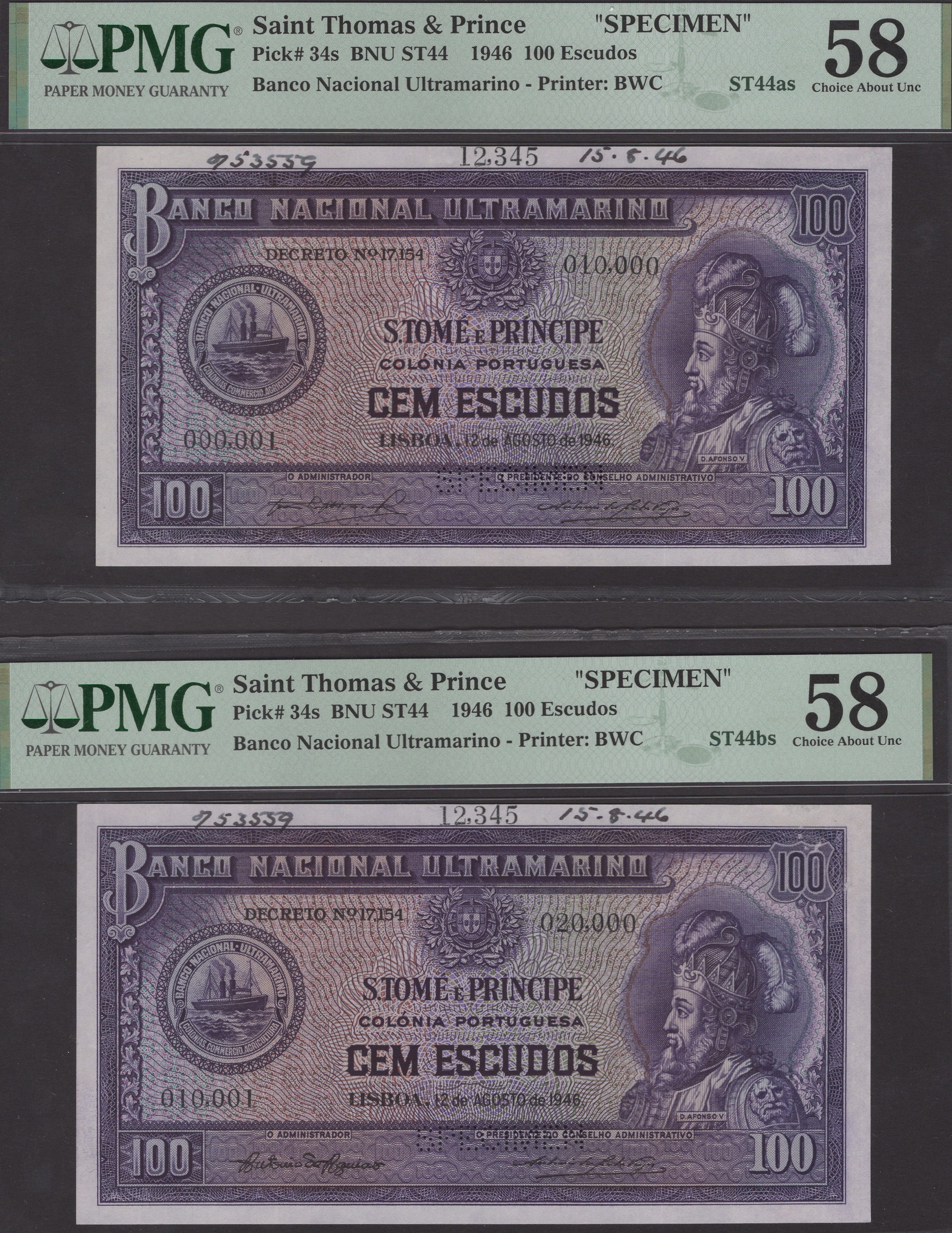 Banco Nacional Ultramarino, St Thomas & Prince, printers archival specimens for 100 Escudos...