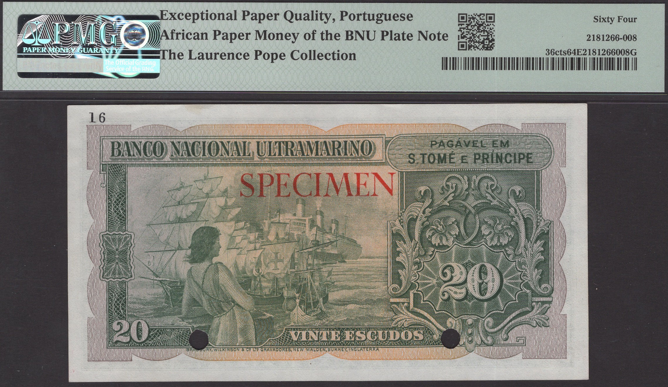 Banco Nacional Ultramarino, St Thomas & Prince, colour trial 20 Escudos, ND (1958), serial... - Bild 2 aus 2