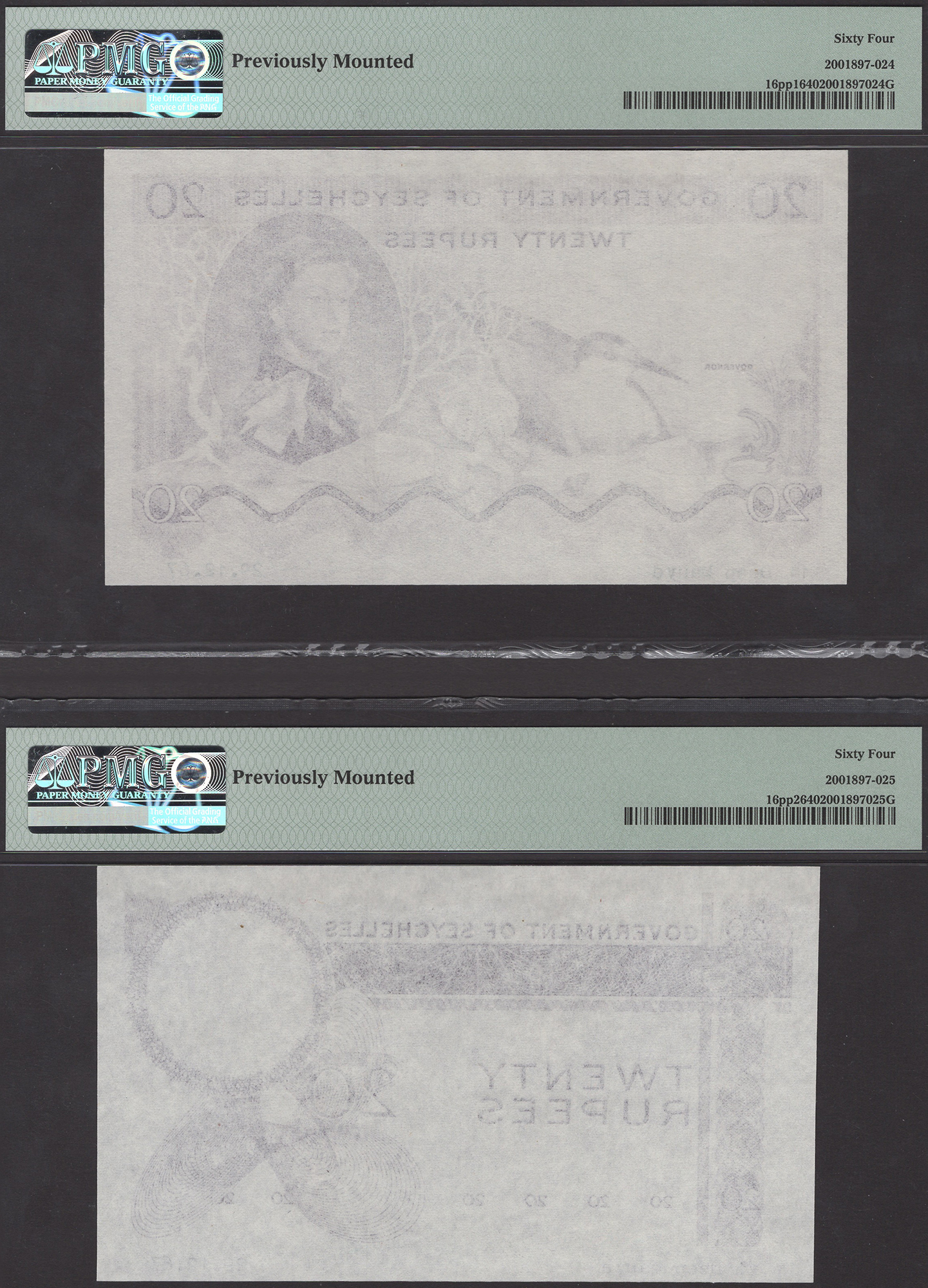 Government of Seychelles, obverse and reverse uniface die proofs for 20 Rupees, ND... - Image 2 of 2