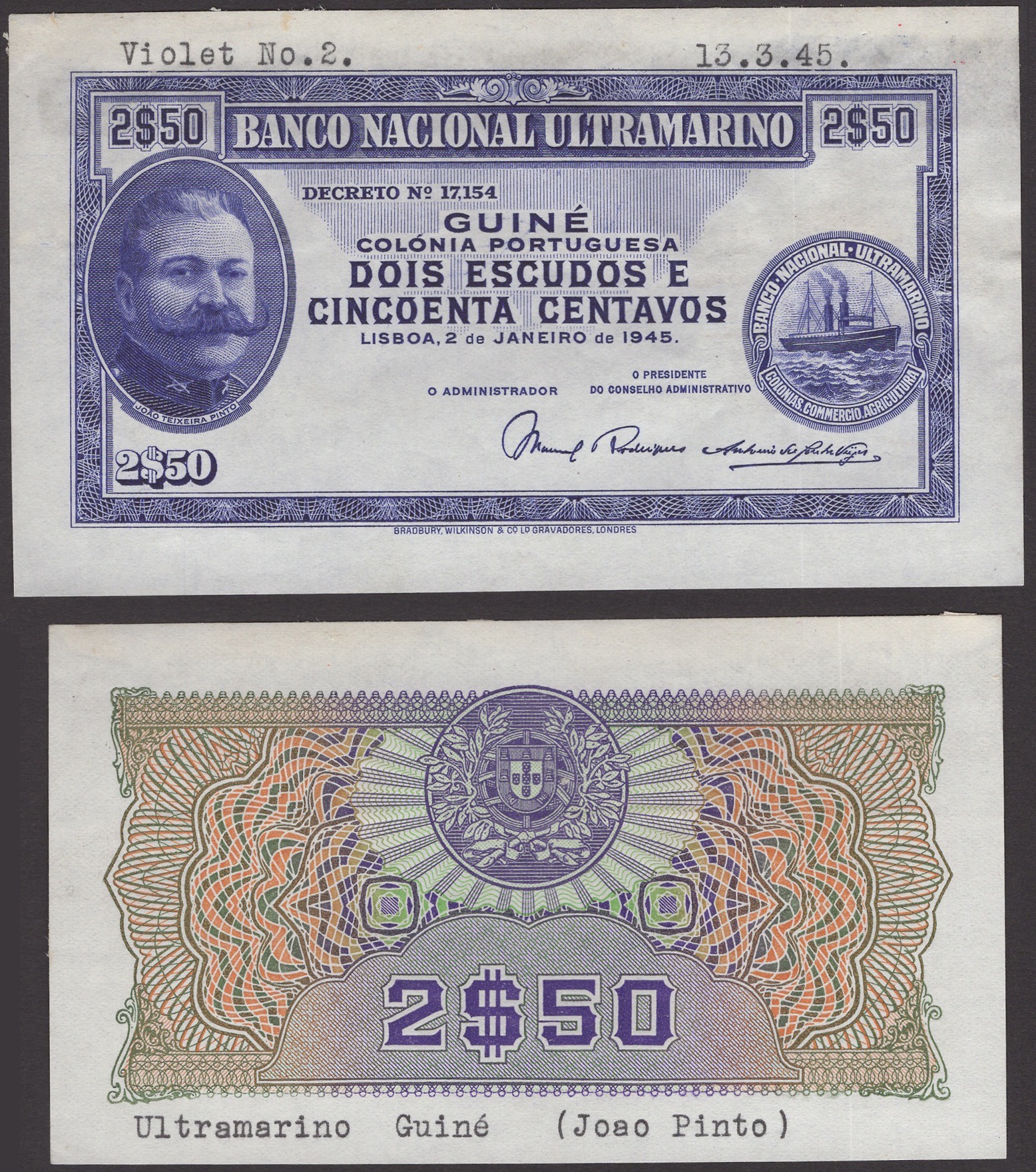 Banco Nacional Ultramarino, Portuguese Guinea, obverse and reverse die proof 2$50 Escudos,...