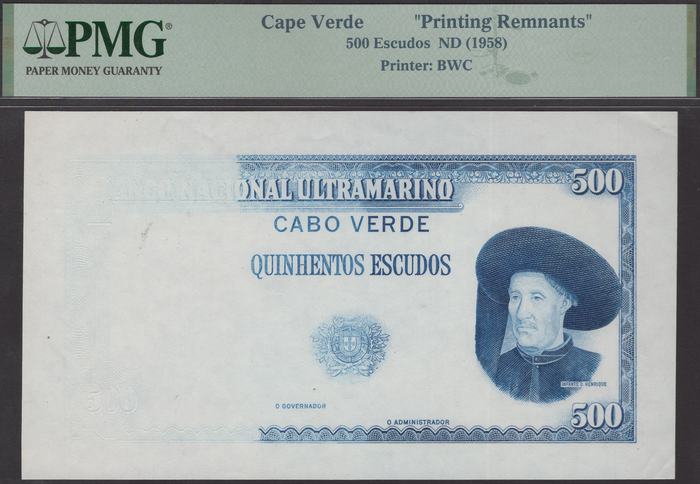 Banco Nacional Ultramarino, Cape Verde, partially printed die proof colour trial for 500...