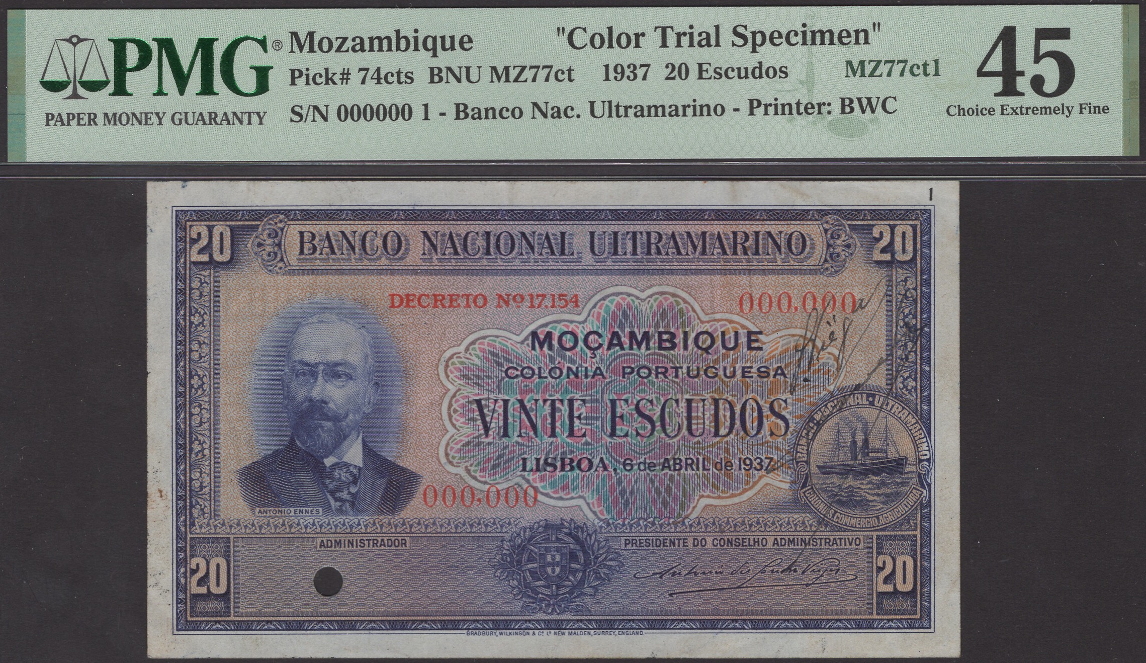 Banco Nacional Ultramarino, Mozambique, colour trial 20 Escudos, 6 April 1937, serial...