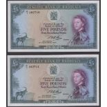 Reserve Bank of Rhodesia, Â£5 (2), 10 November 1964, serial number F/1 102710-11, Bruce...
