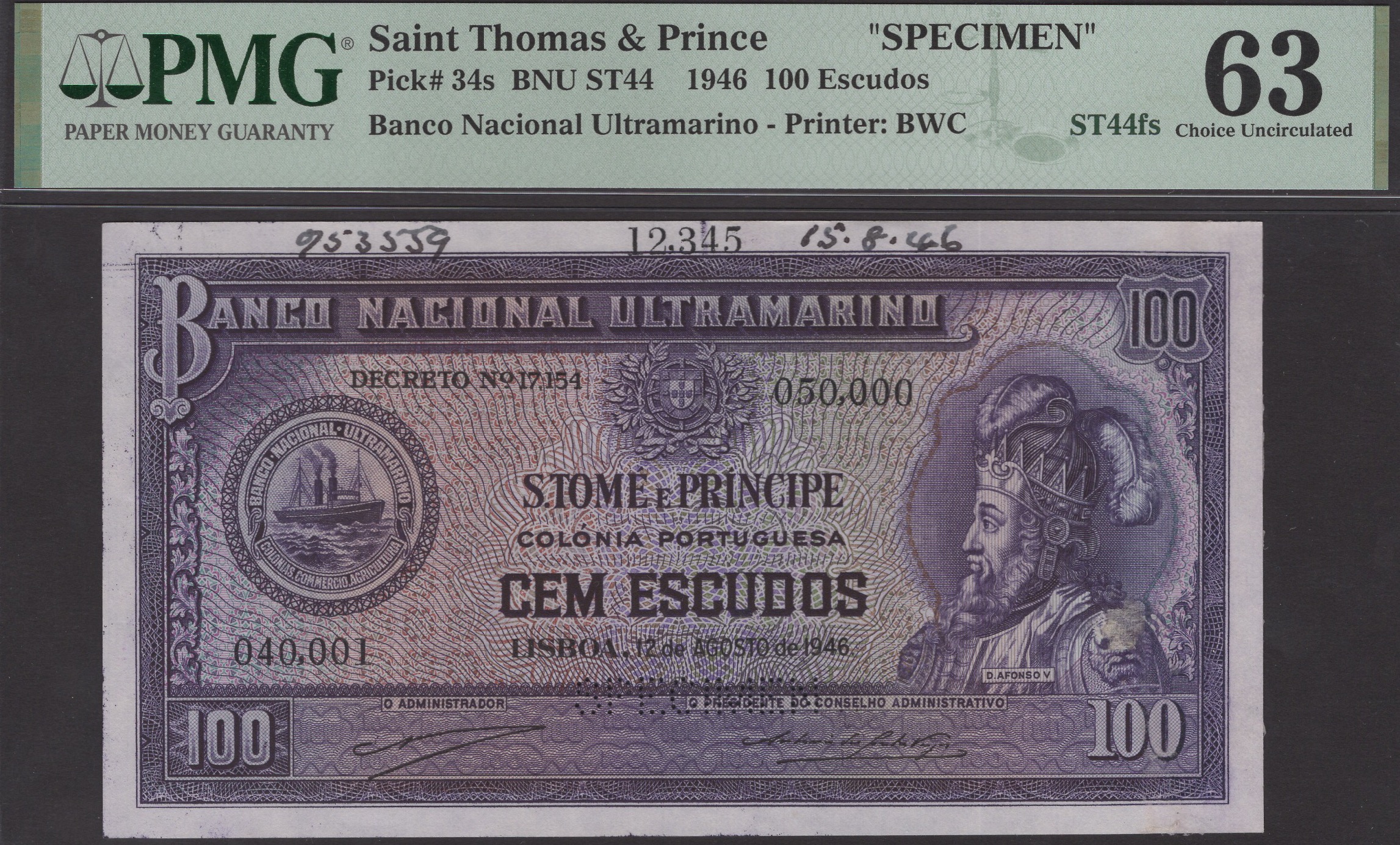 Banco Nacional Ultramarino, St Thomas & Prince, printers archival specimens for 100 Escudos... - Bild 3 aus 4