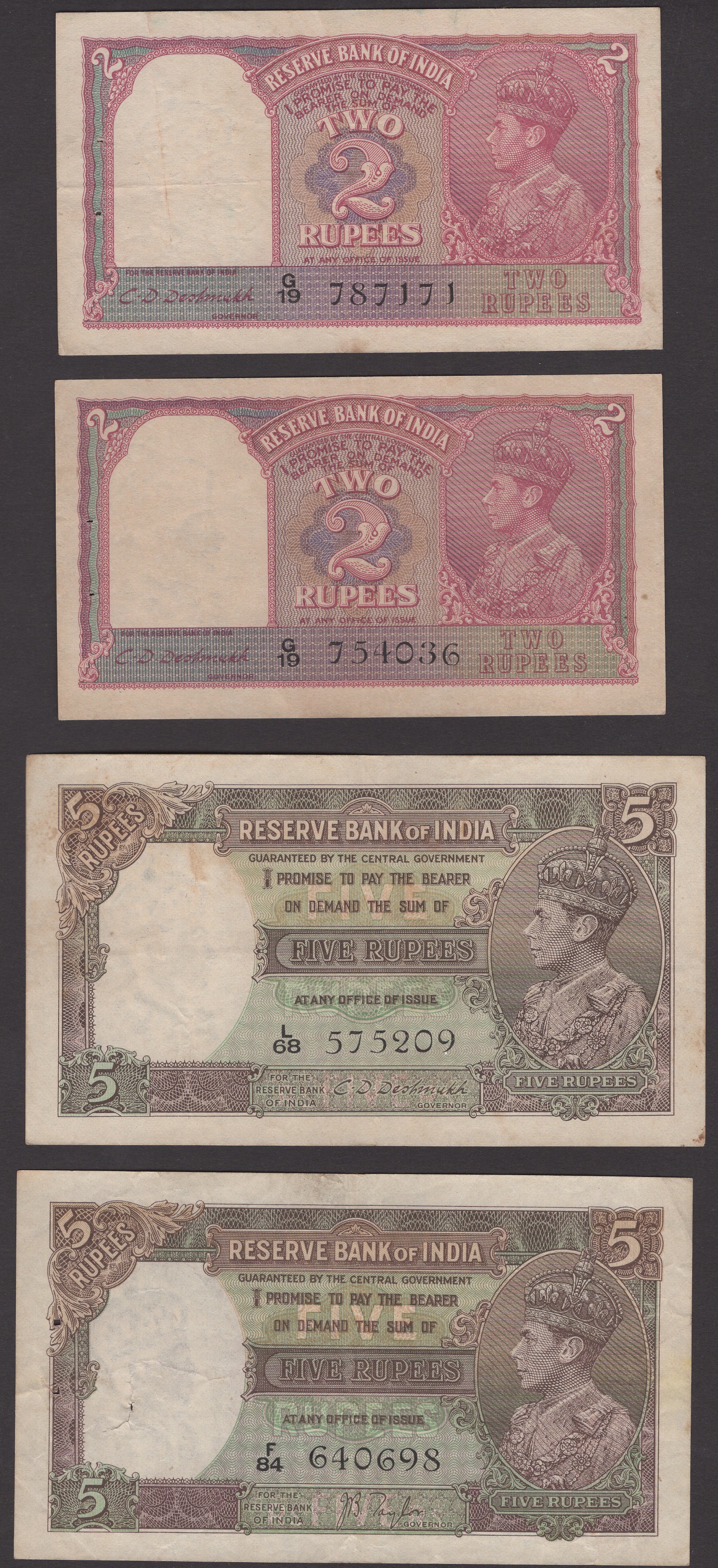 Reserve Bank of India, 2 Rupees (2), ND (1937), prefix G/19, Deshmukh signature, 5 Rupees,...