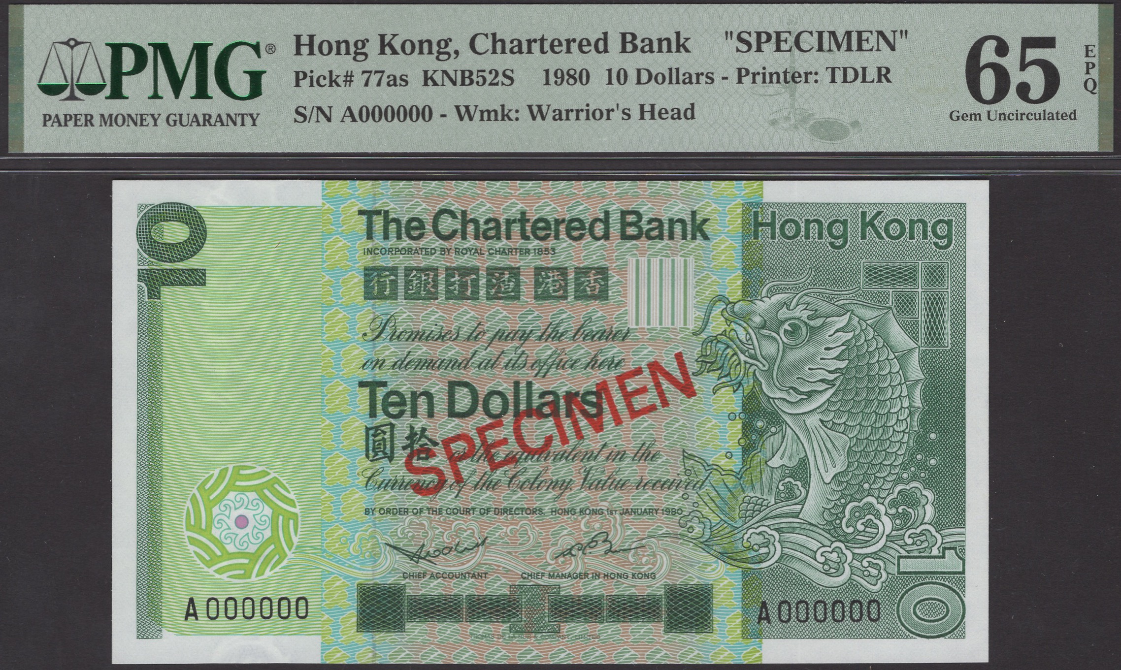 Chartered Bank, Hong Kong, specimen $10, 1 January 1980, serial number A000000, Gledhill...