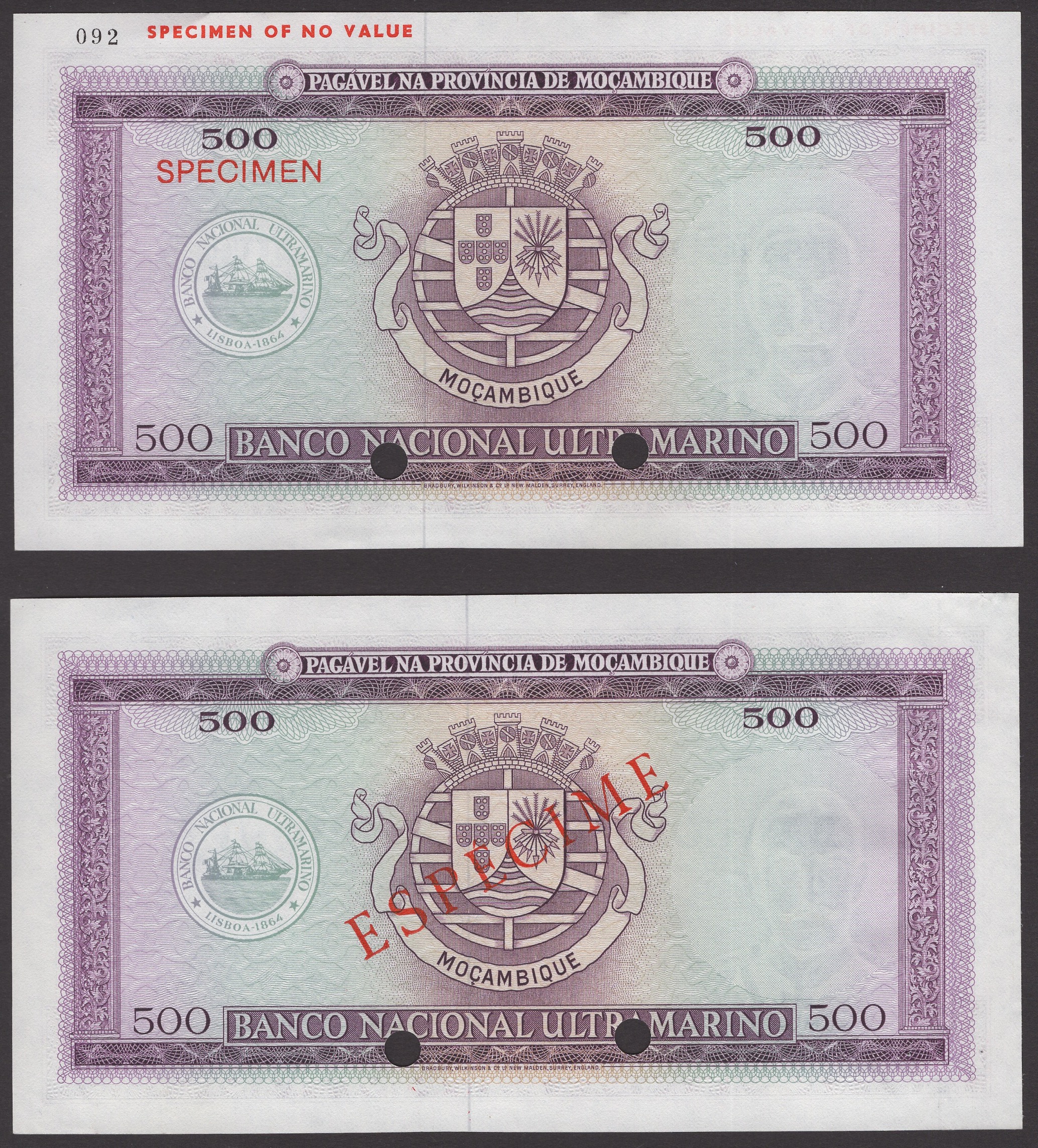 Banco de Mocambique, specimen 500 Escudos (2), 22 March 1967 (1976), serial number 0000000,... - Bild 2 aus 4