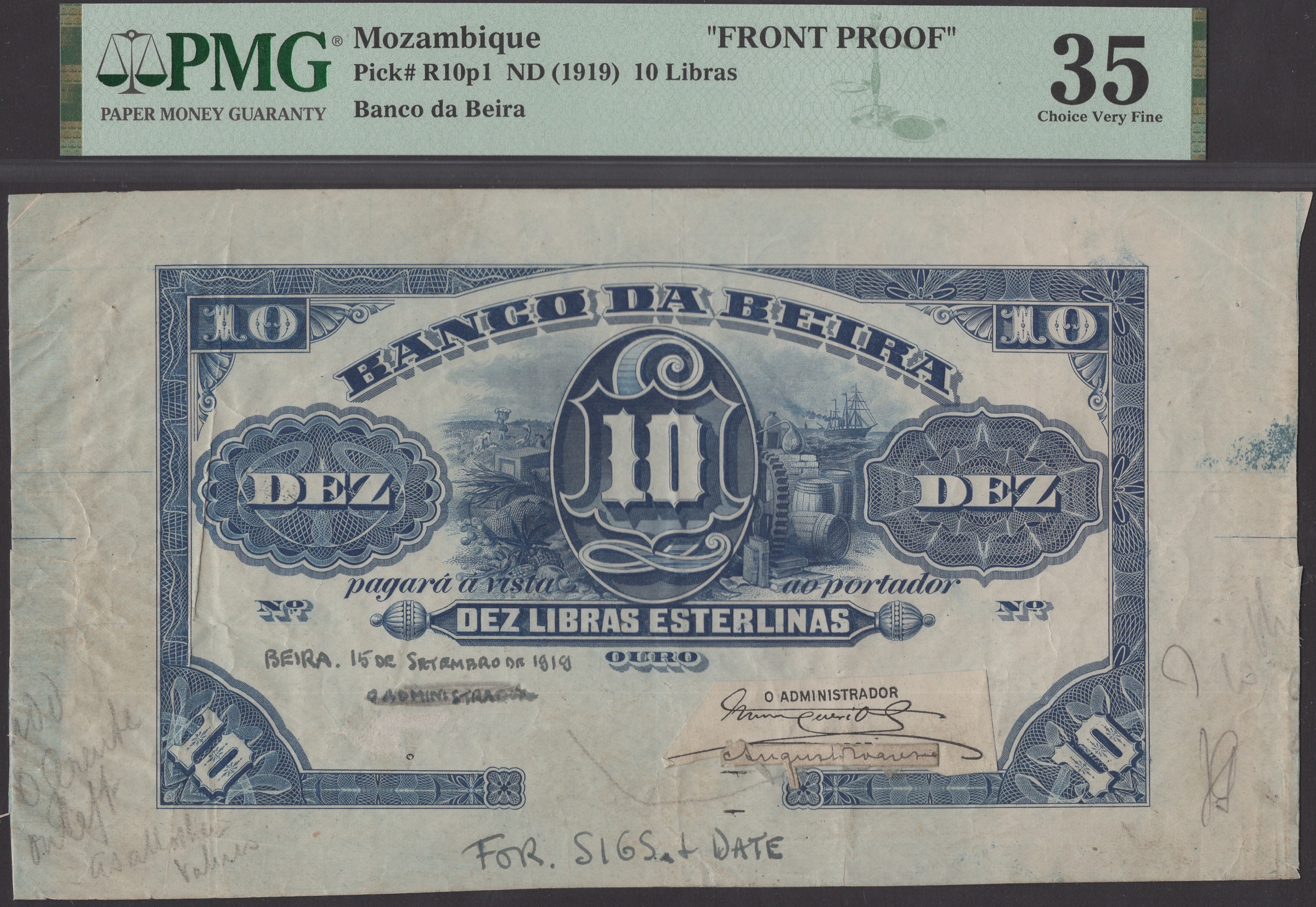Banco da Beira, obverse and reverse die proofs for 10 Libras Esterlinas, 15 September 1919...