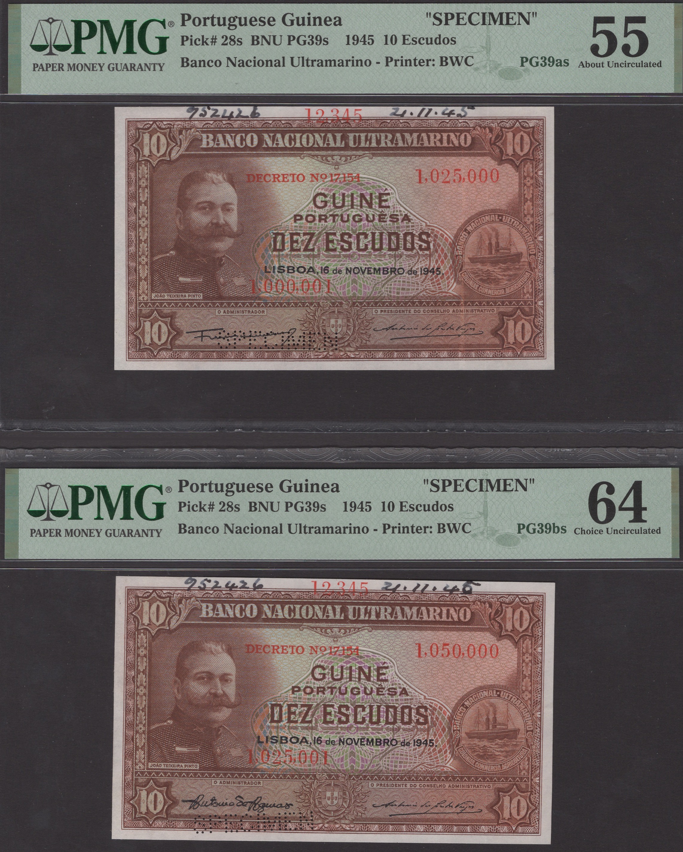 Banco Nacional Ultramarino, Portuguese Guinea, printers archival specimens for 10 Escudos...