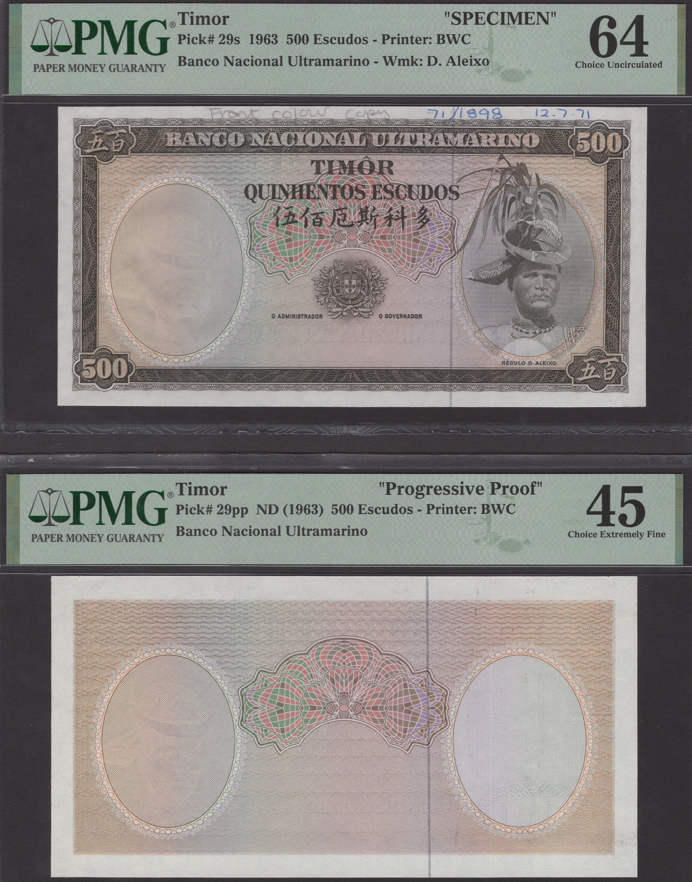 Banco Nacional Ultramarino, Timor, proofs for 500 Escudos (2), ND (1963), comprising one...