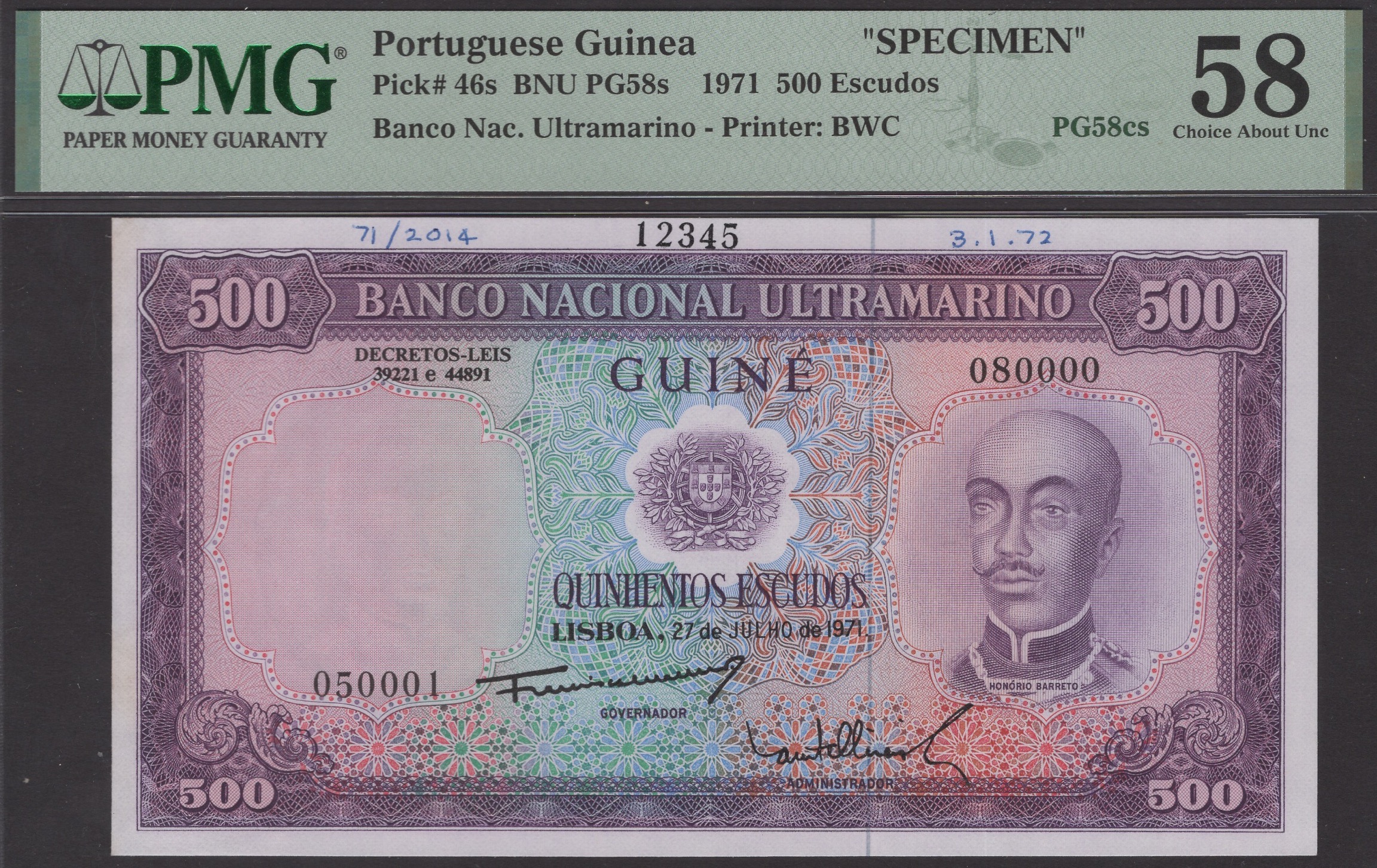 Banco Nacional Ultramarino, Portuguese Guinea, printers archival specimens for 500 Escudos... - Bild 3 aus 4