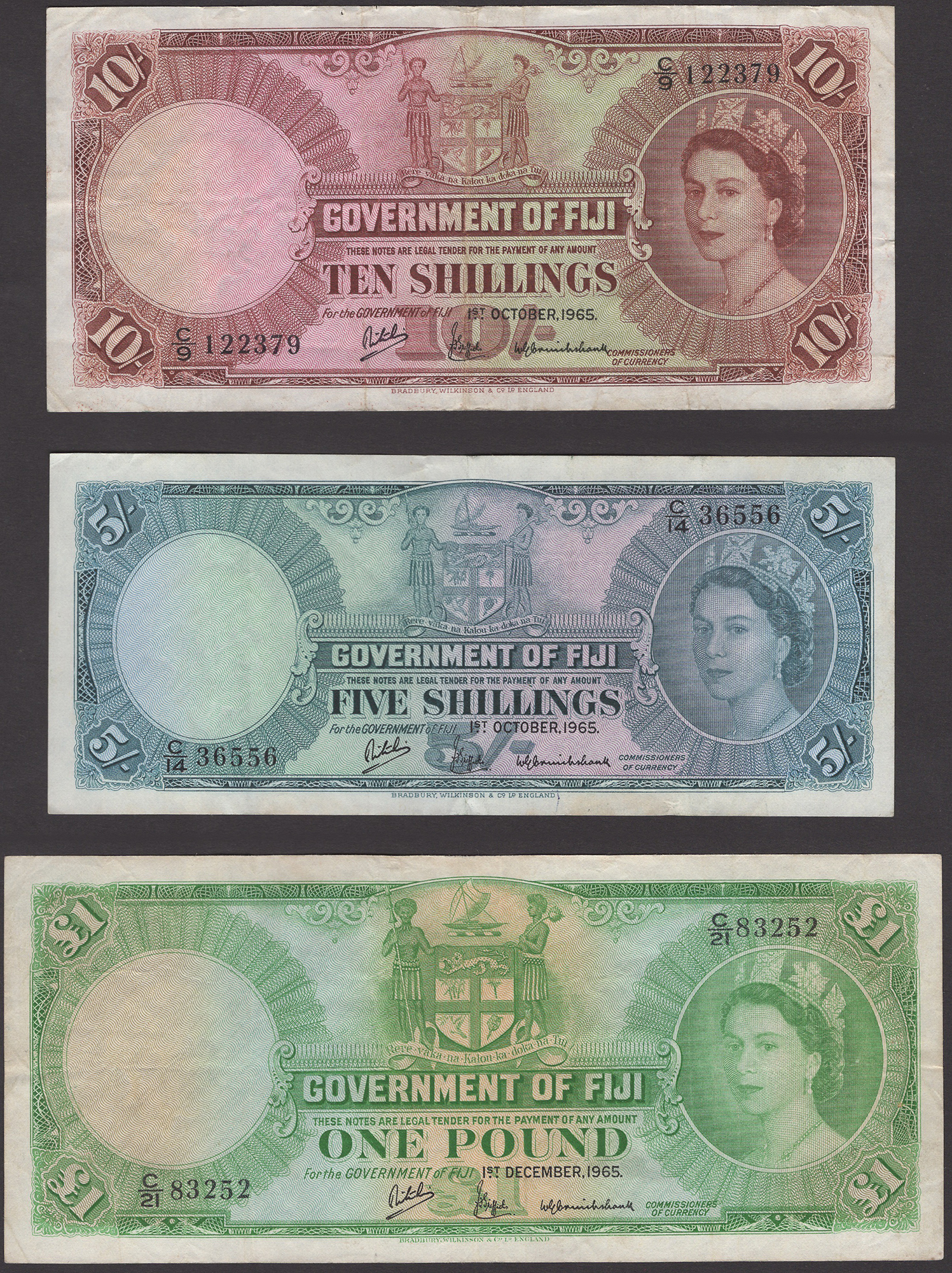 Government of Fiji, 5 and 10 Shillings, 1 October 1965, serial number C/14 36556 and C/9...