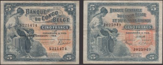 Banque du Congo Belge, 5 Francs, 10 March 1944, serial number S221474, also Banque Centrale...