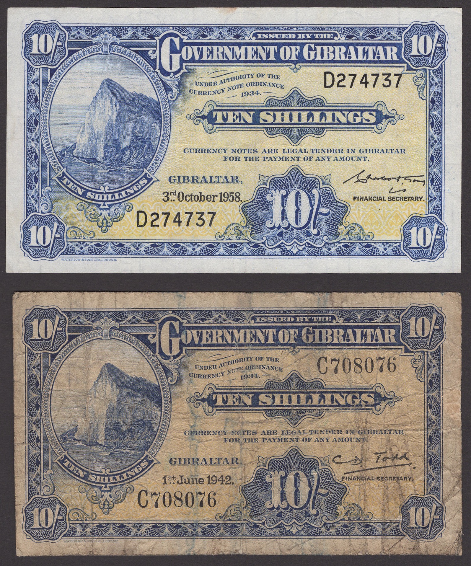 Government of Gibraltar, 10 Shillings (2), 1 June 1942 and 3 October 1958, serial numbers...