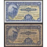 Government of Gibraltar, 10 Shillings (2), 1 June 1942 and 3 October 1958, serial numbers...