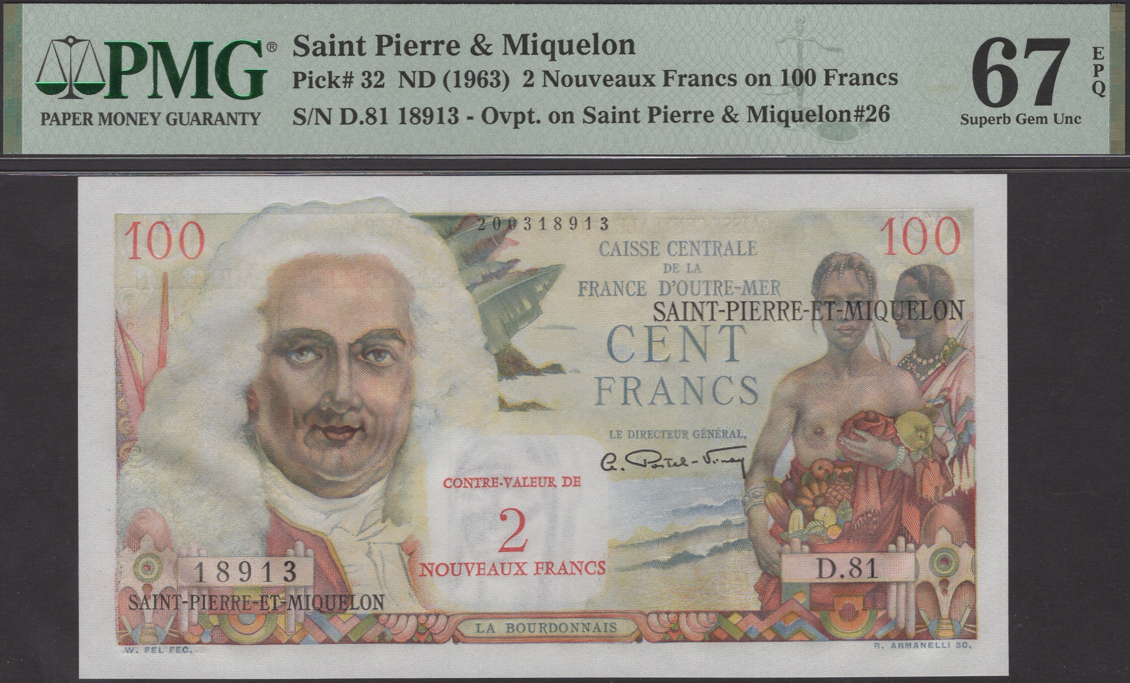 Caisse Centrale de la France d'Outre-Mer, Saint Pierre & Miquelon, 2 Nouveaux Francs on 100...