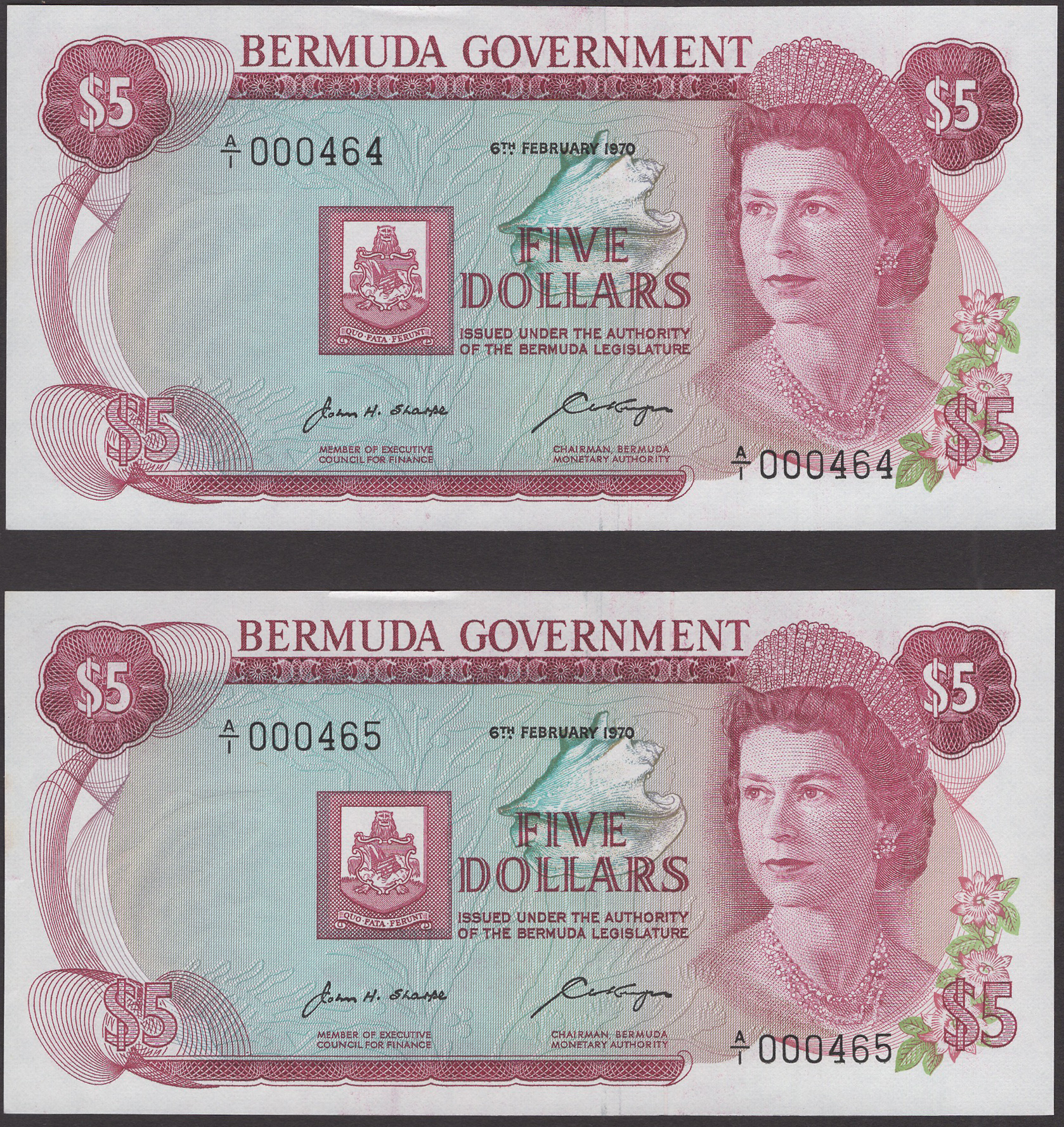 Bermuda Government, $5 (2), 6 February 1970, serial numbers A/1 000464-465, light handling,...