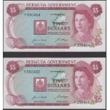 Bermuda Government, $5 (2), 6 February 1970, serial numbers A/1 000464-465, light handling,...