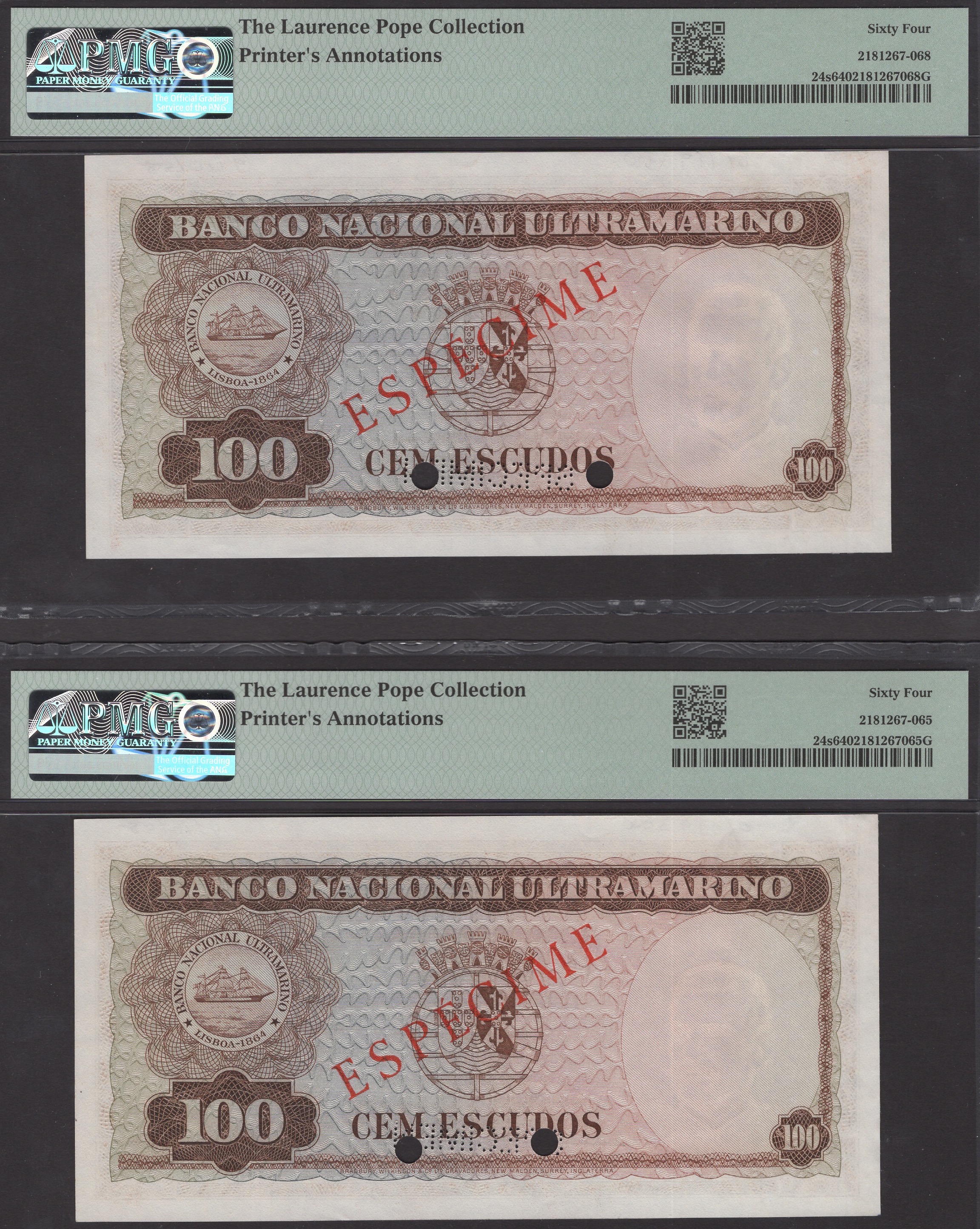 Banco Nacional Ultramarino, Timor, specimen 100 Escudos (3), 2 January 1959, all serial... - Bild 2 aus 4