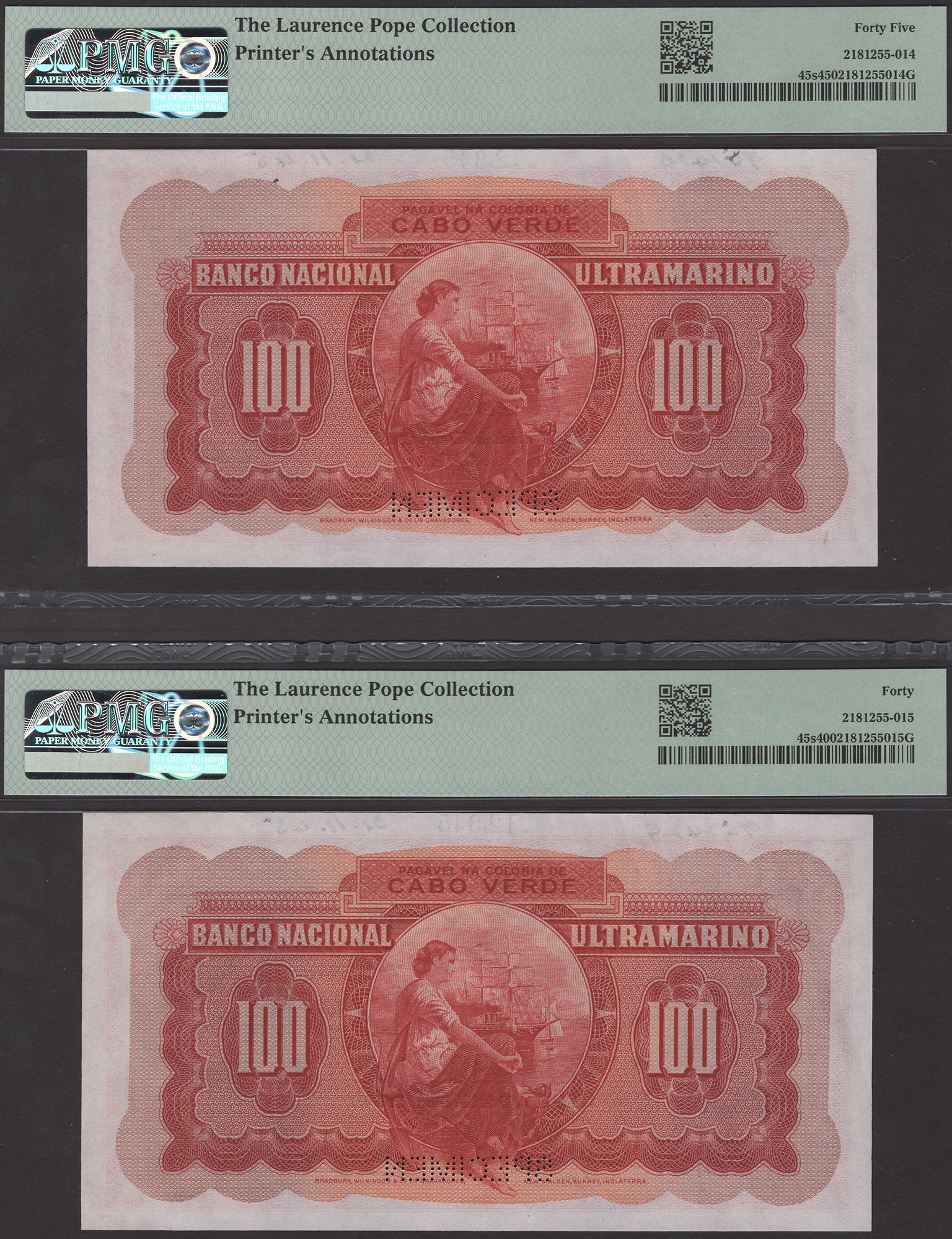 Banco Nacional Ultramarino, Cape Verde, printers archival specimen 100 Escudos (3), 16... - Image 2 of 4