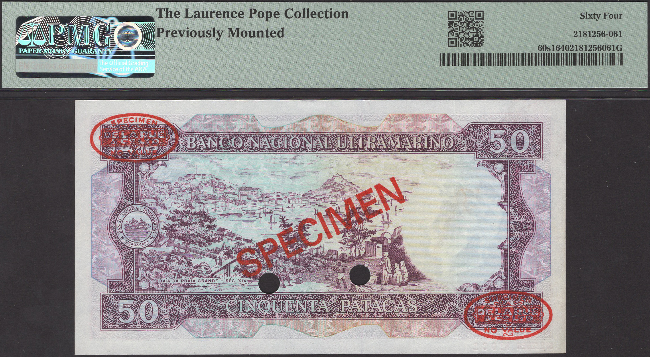 Banco Nacional Ultramarino, Macau, 50 Patacas, 8 August 1981, serial number KQ00000, red... - Image 2 of 2