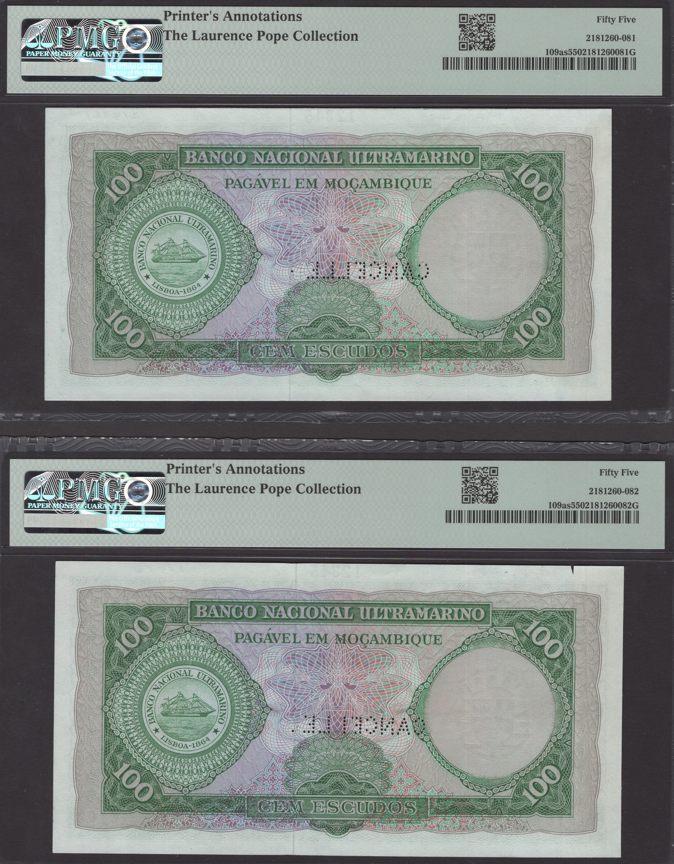 Banco Nacional Ultramarino, Mozambique, printers archival specimens for 100 Escudos (3), 27... - Image 2 of 4