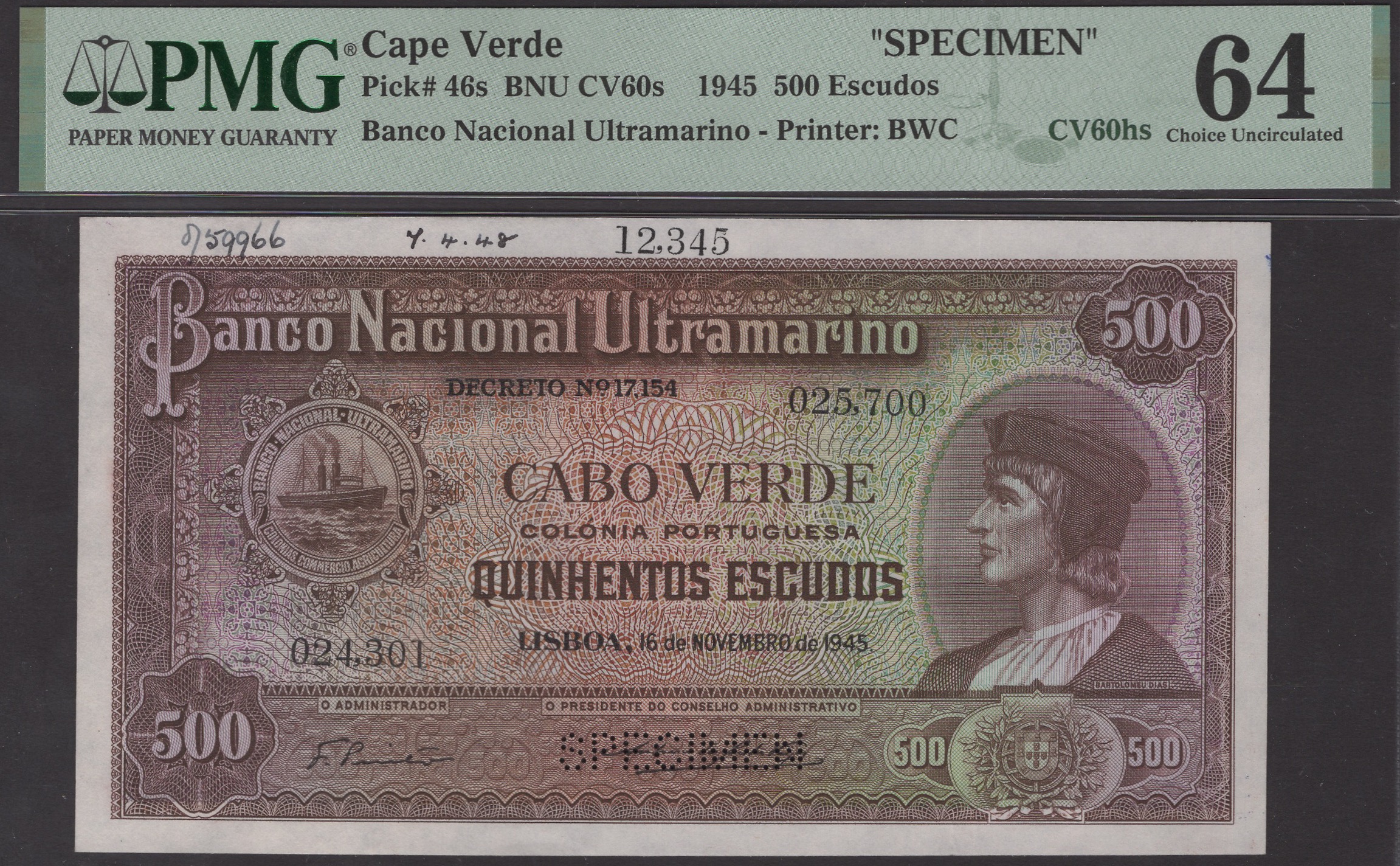 Banco Nacional Ultramarino, Cape Verde, printers archival specimen 500 Escudos (3), 16... - Image 3 of 4