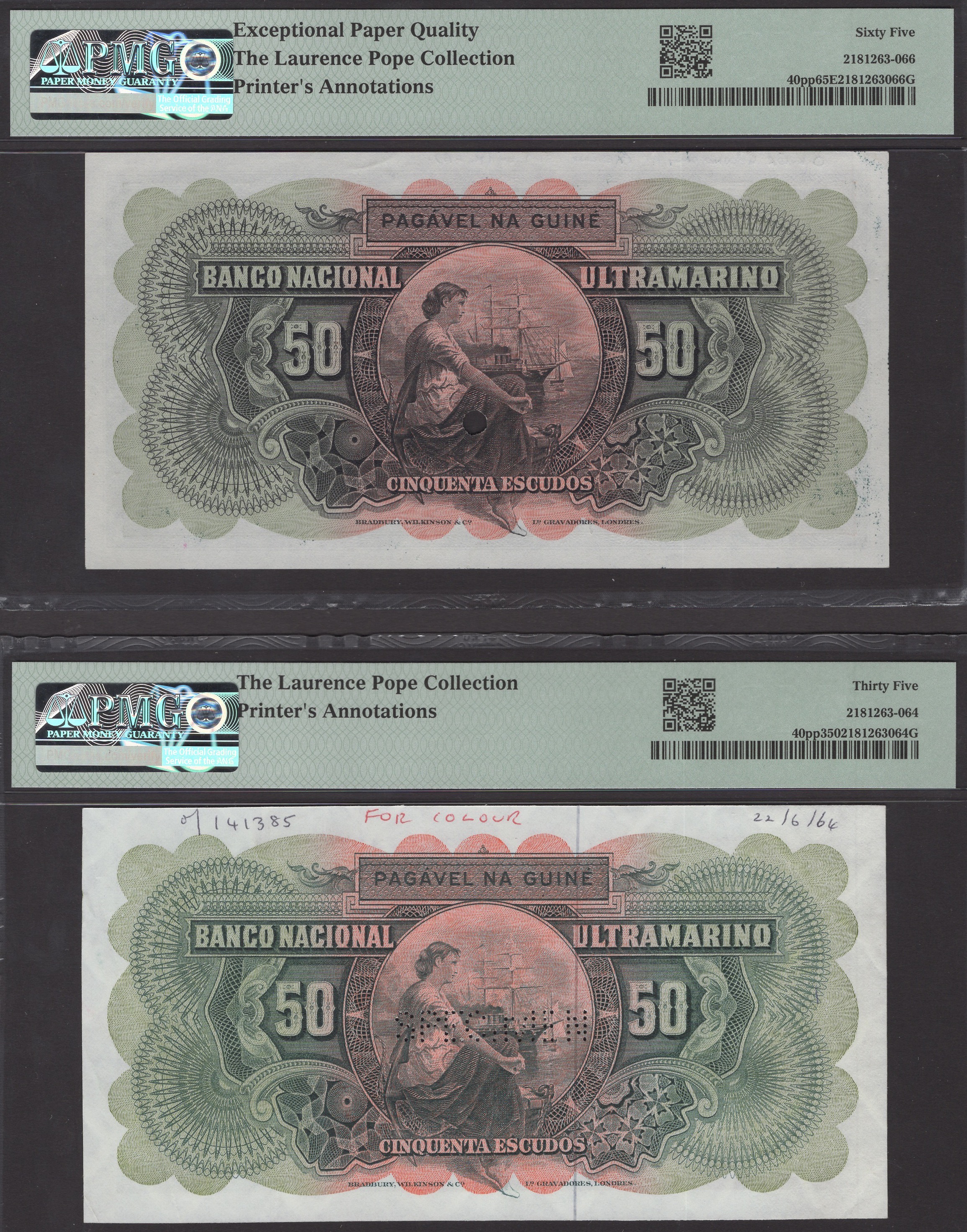 Banco Nacional Ultramarino, Portuguese Guinea, proofs for 50 Escudos (2), 30 June 1964,... - Bild 2 aus 2