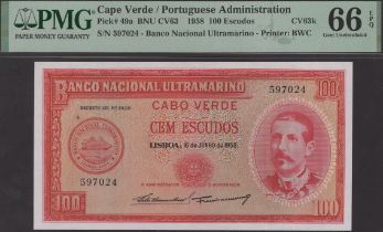 Banco Nacional Ultramarino, Cape Verde, 100 Escudos, 16 June 1958, serial number 597024,...