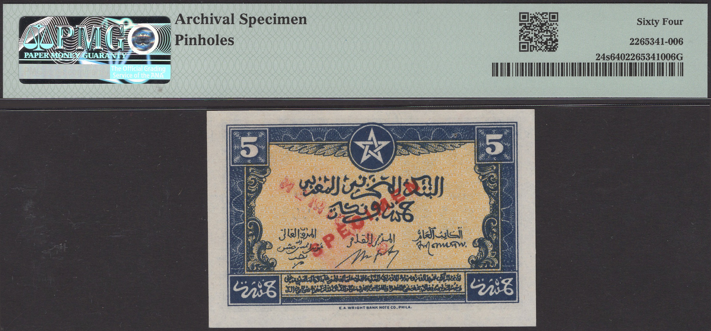 Banque d'Etat Du Maroc, specimen 5 Francs, 1 August 1943, serial number 0000908, stamped... - Bild 2 aus 2