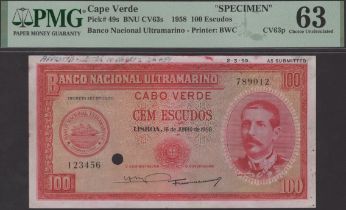 Banco Nacional Ultramarino, Cape Verde, specimen proof 100 Escudos, 16 June 1958, serial...