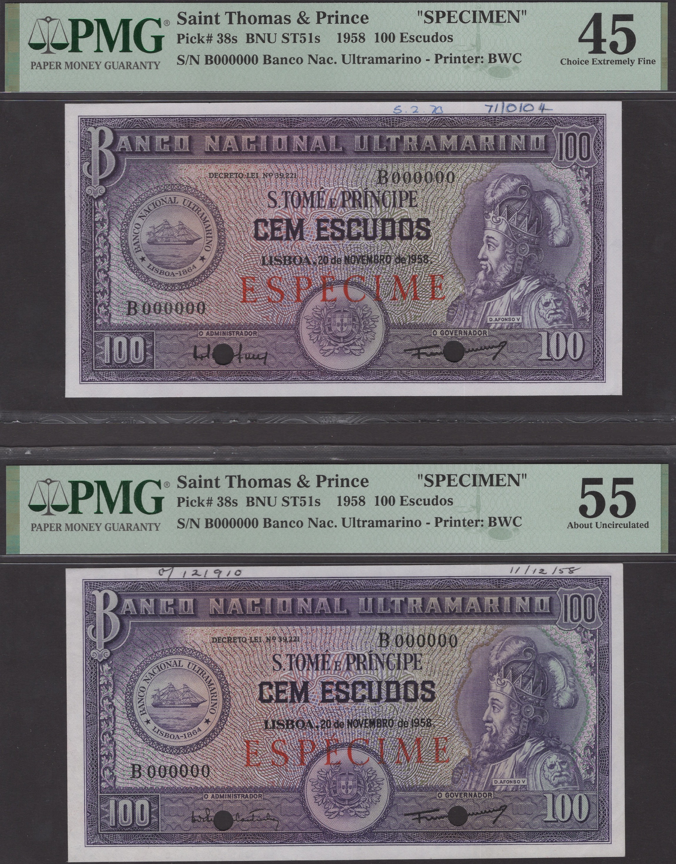 Banco Nacional Ultramarino, St Thomas & Prince, specimens for 100 Escudos (6), 20 November... - Image 5 of 6