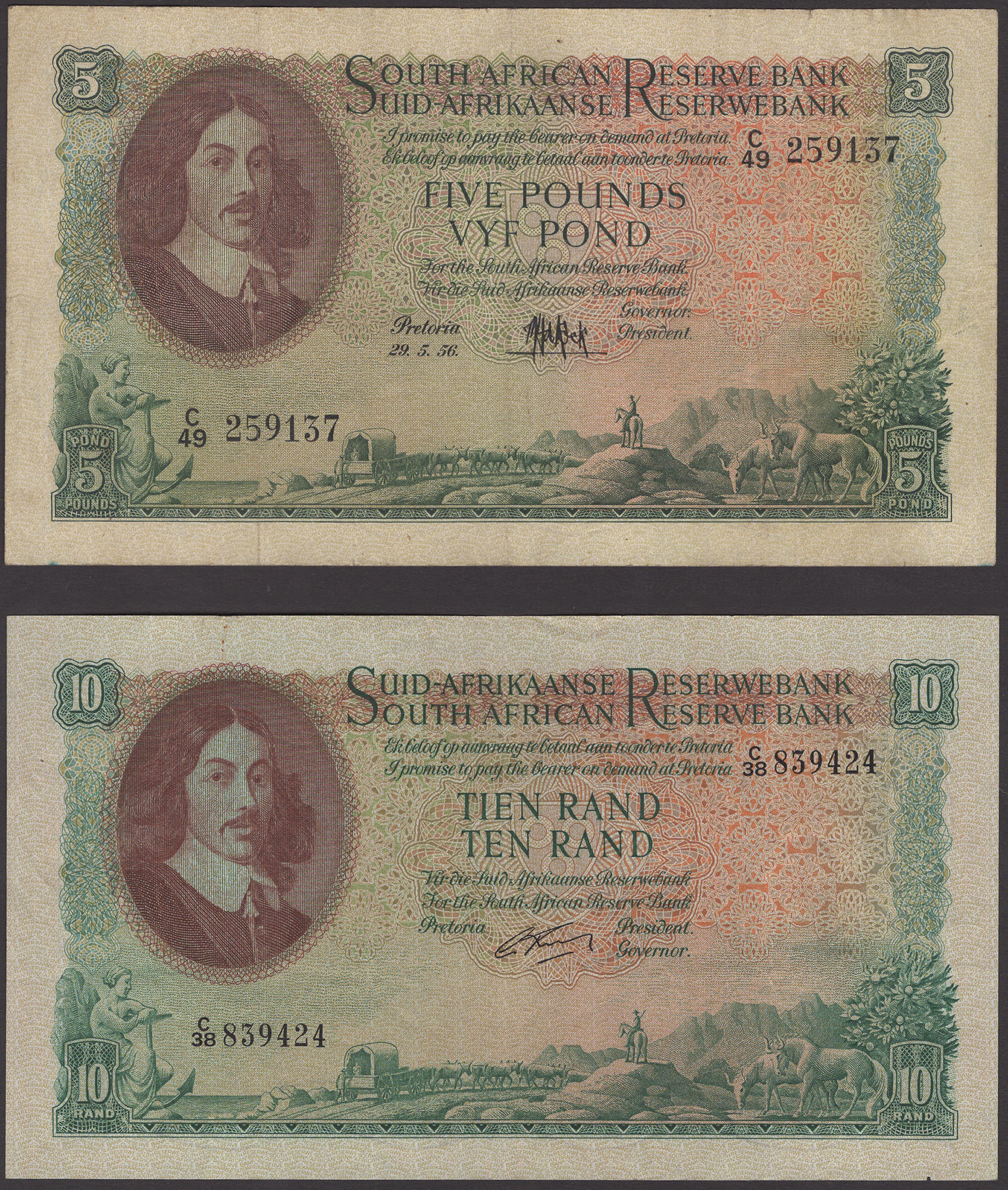South African Reserve Bank, Â£1, 1 December 1951, prefix B/111, Â£5 (3), 2 January 1953... - Image 3 of 6
