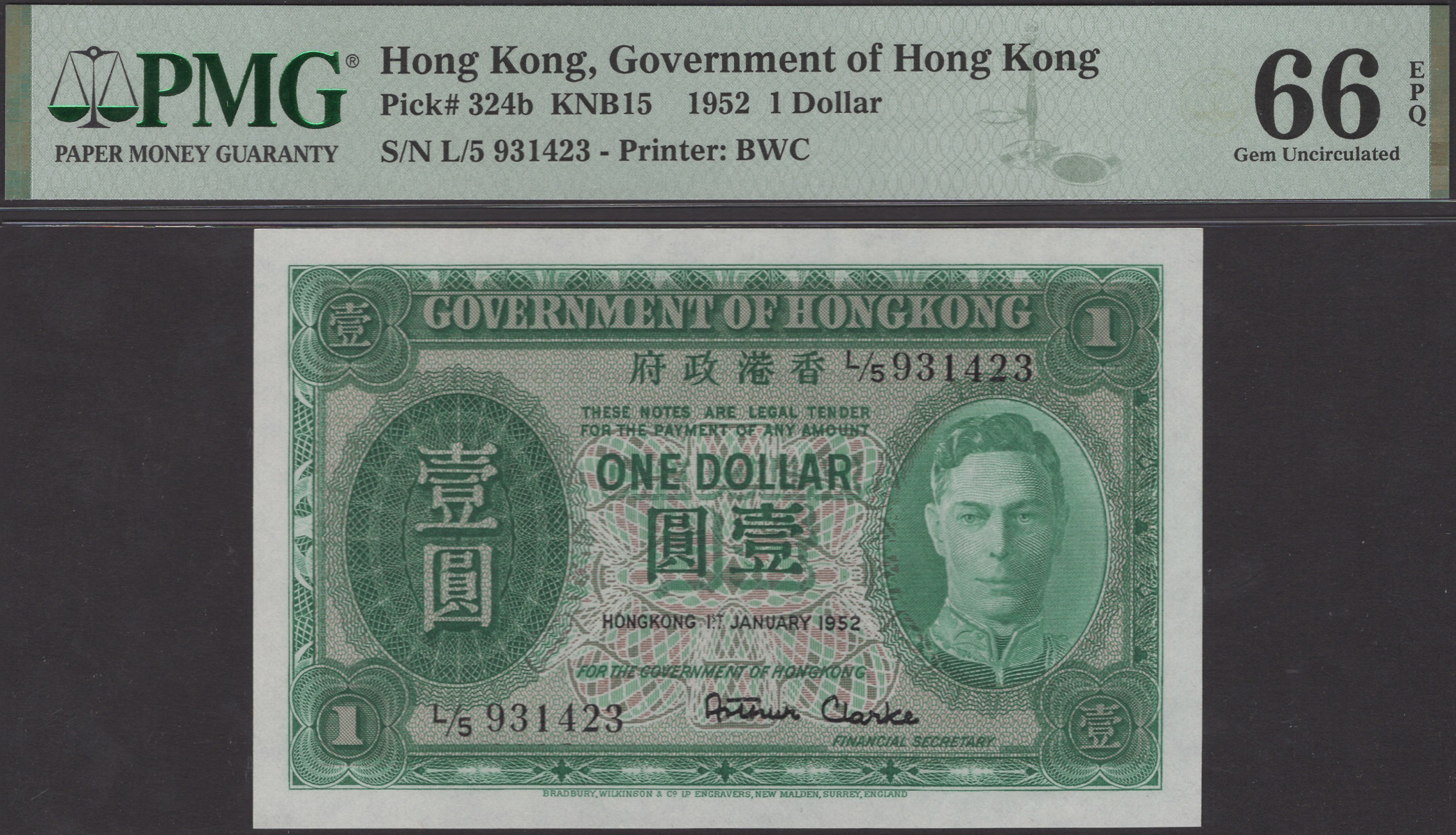 Government of Hong Kong, $1, 1 January 1952, serial number L/5 931423, Arthur Clarke...