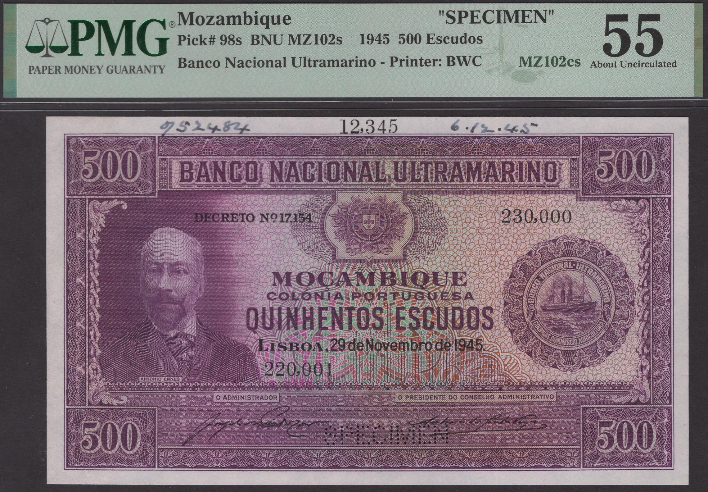 Banco Nacional Ultramarino, Mozambique, printers archival specimens for 500 Escudos (2), 29... - Image 3 of 4