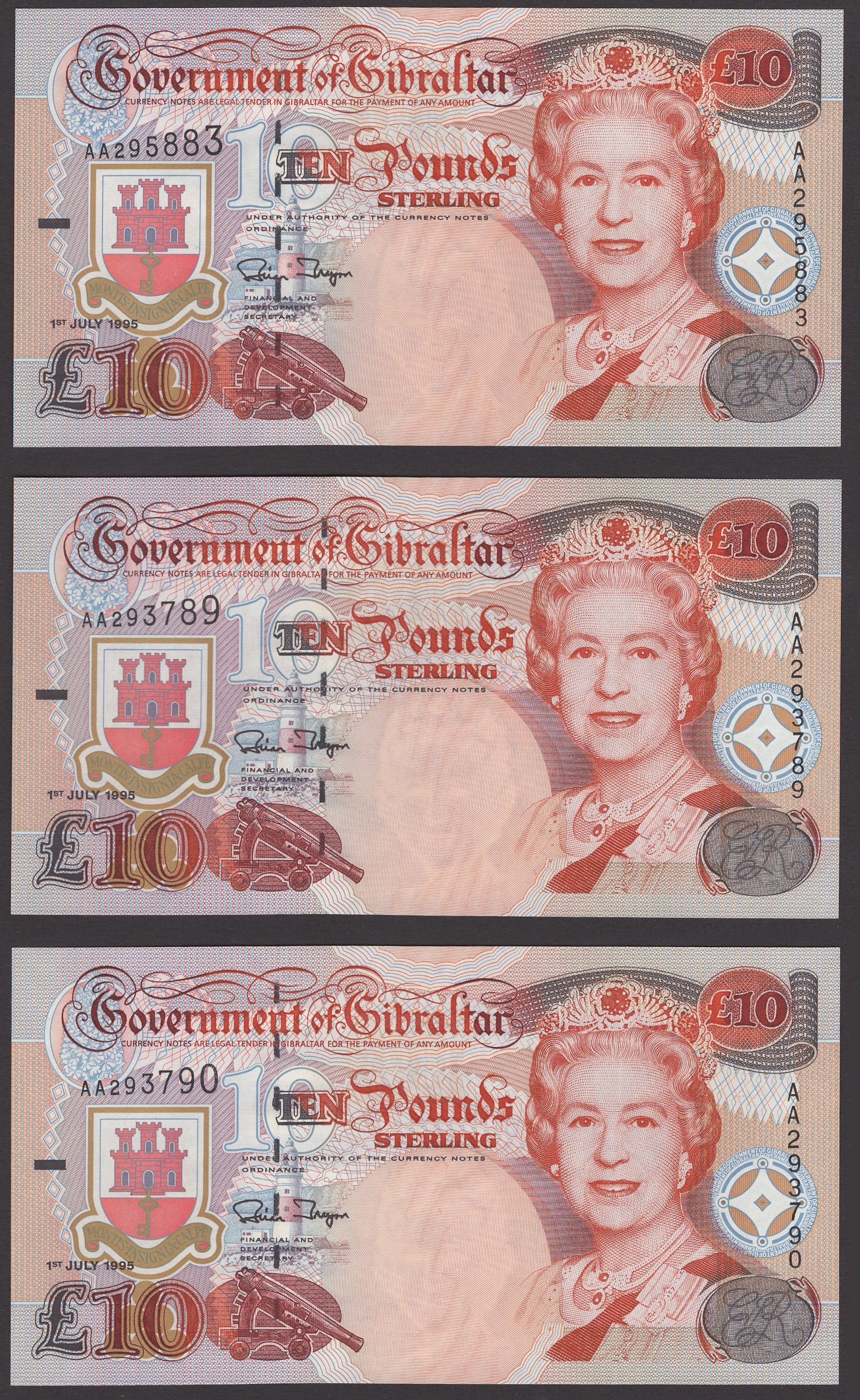 Government of Gibraltar, Â£10 (5), 1 July 1995, prefix AA, Traynor signature, also Â£20... - Image 3 of 6