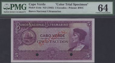 Banco Nacional Ultramarino, Cape Verde, colour trial 5 Escudos, ND (1945), no serial...