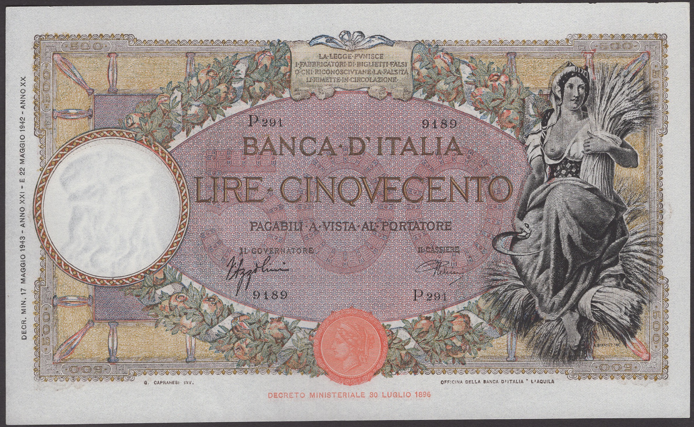 Banca d'Italia, 500 Lire, 17 May 1943, serial number P291 9189, Azzolini and Urbini...