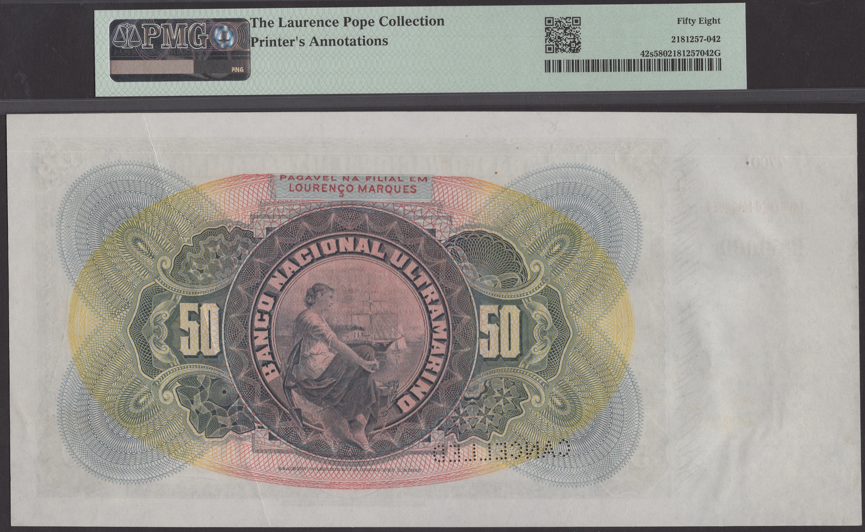 Banco Nacional Ultramarino, Mozambique, printers archival specimen 50 Mil Reis, 1 March... - Bild 2 aus 2