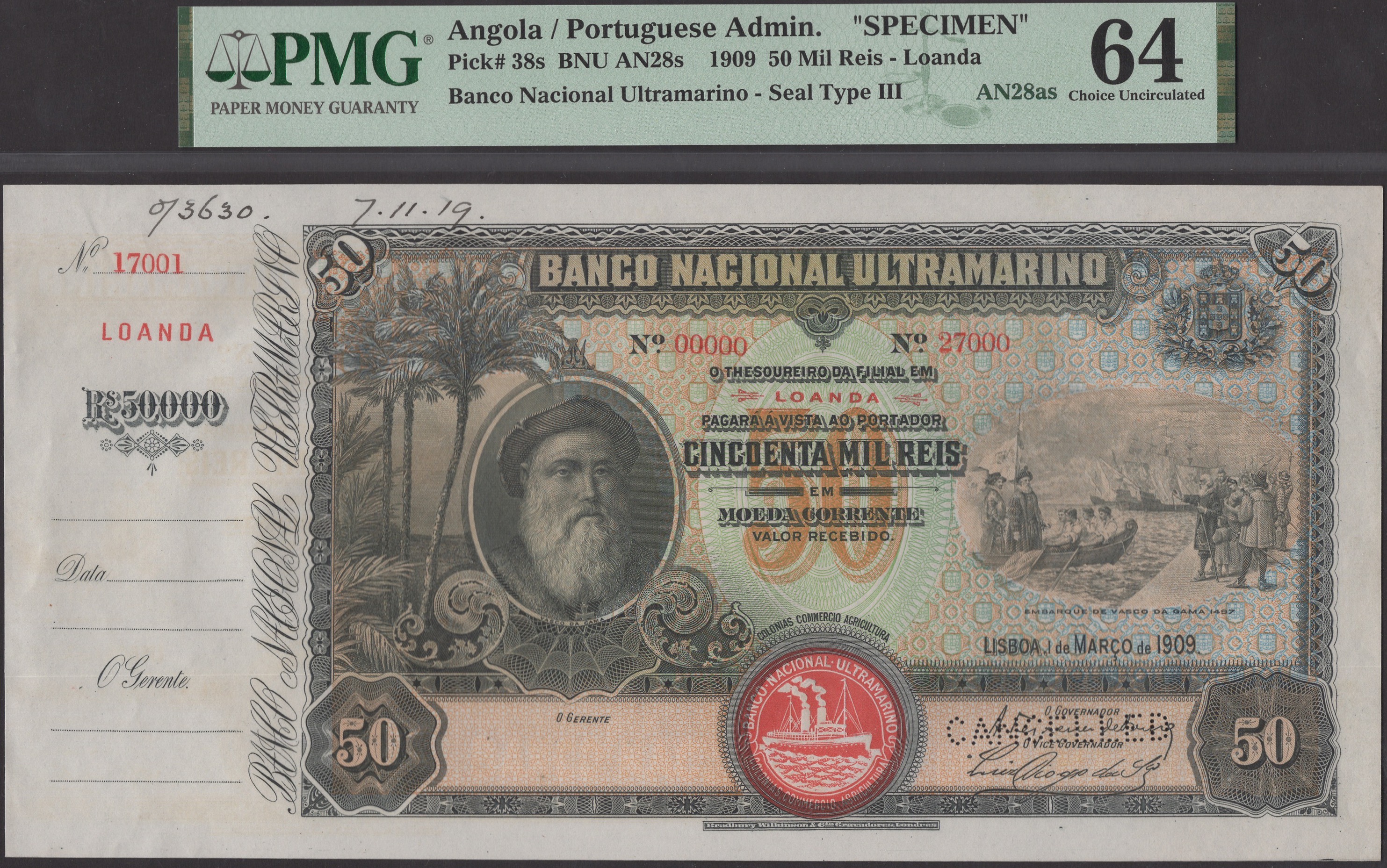 Banco Nacional Ultramarino, Angola, printers archival specimen 50 Mil Reis, 1 March 1909,...
