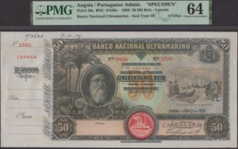 Banco Nacional Ultramarino, Angola, printers archival specimen 50 Mil Reis, 1 March 1909,...