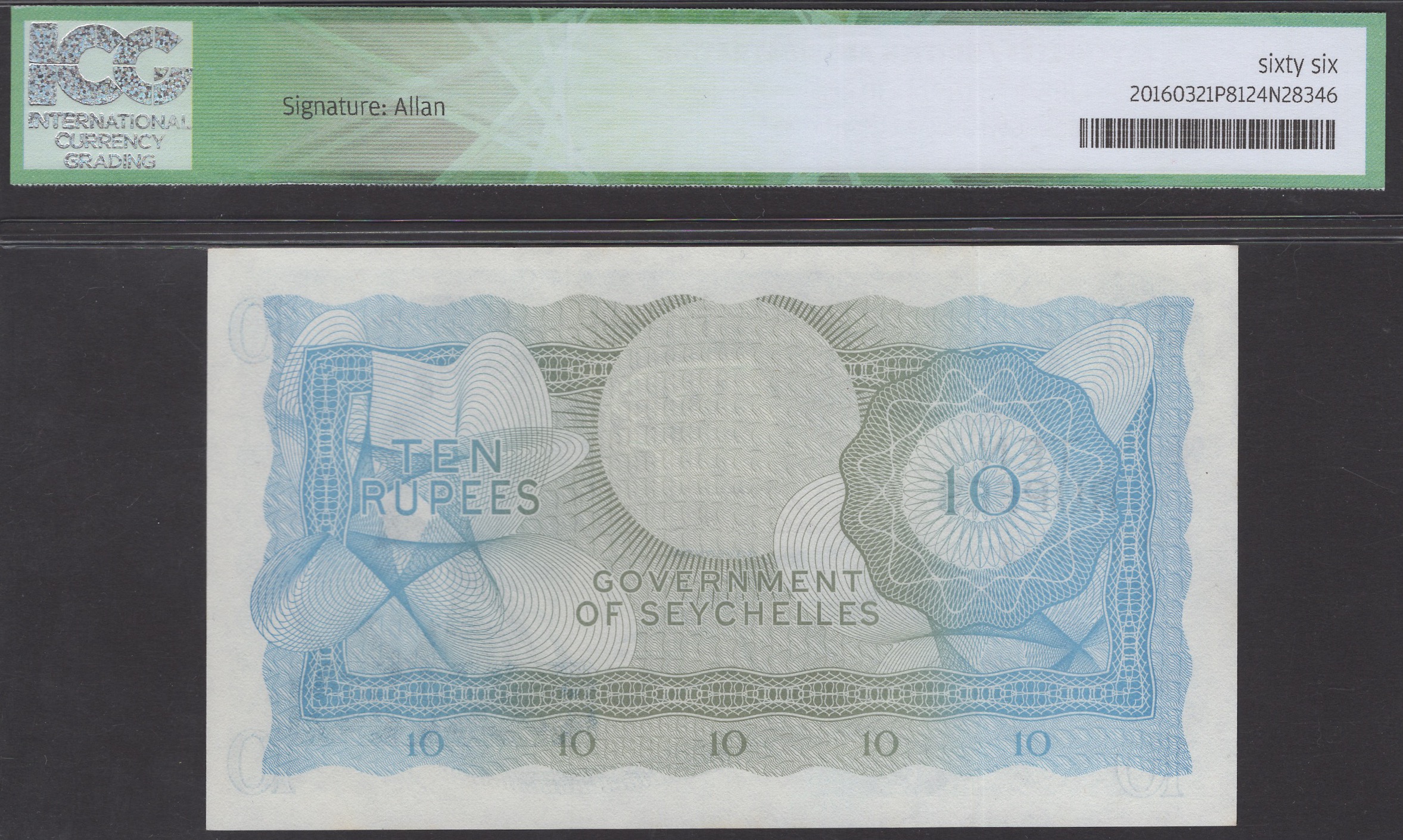 Government of Seychelles, 10 Rupees, 1 January 1974, serial number A/1 395803, Allan... - Image 2 of 2