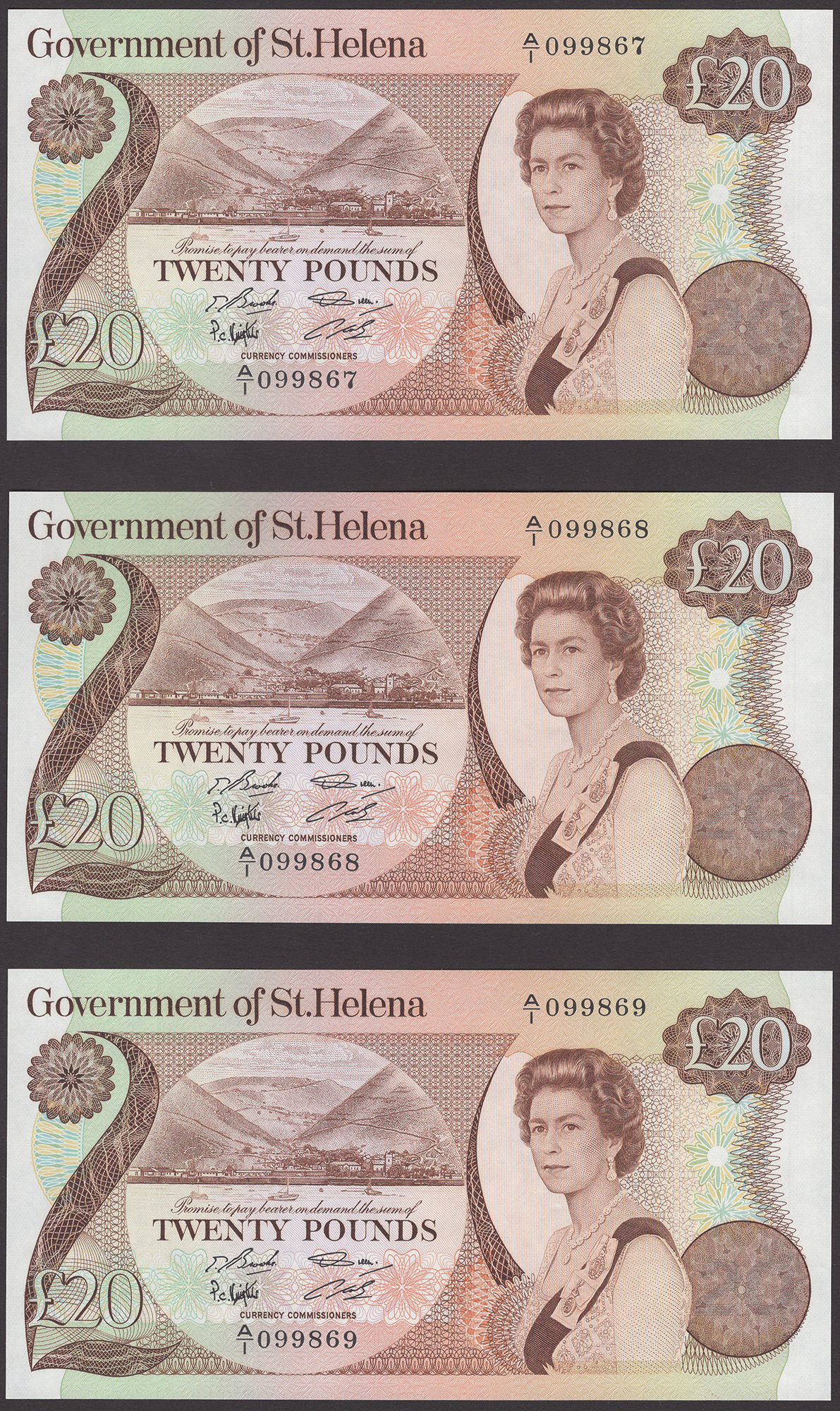 Government of Saint Helena, Â£20 (3), ND (1986), serial numbers A/1 099867-69, uncirculated...