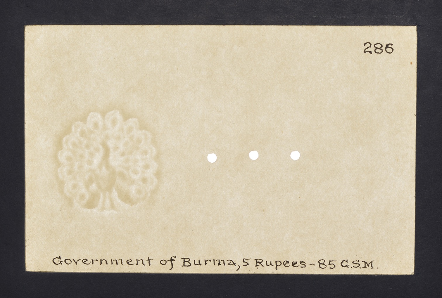 Government/Union Bank of Burma, watermarked papers for 5 Rupees (2), ND (1948-50), glued...